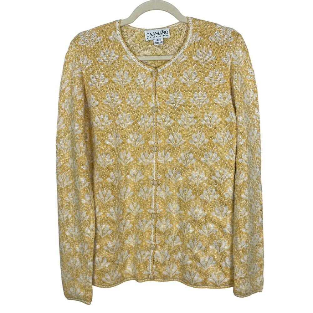 Caamano 100% Cotton Hand Knit Sweater Cardigan Cottagecore Yellow Size Large